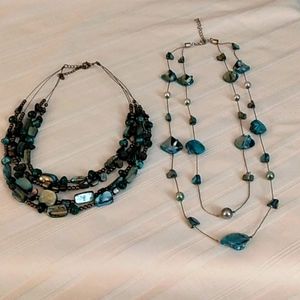 Set of two vintage teal colored necklaces with beads strung on fine wire